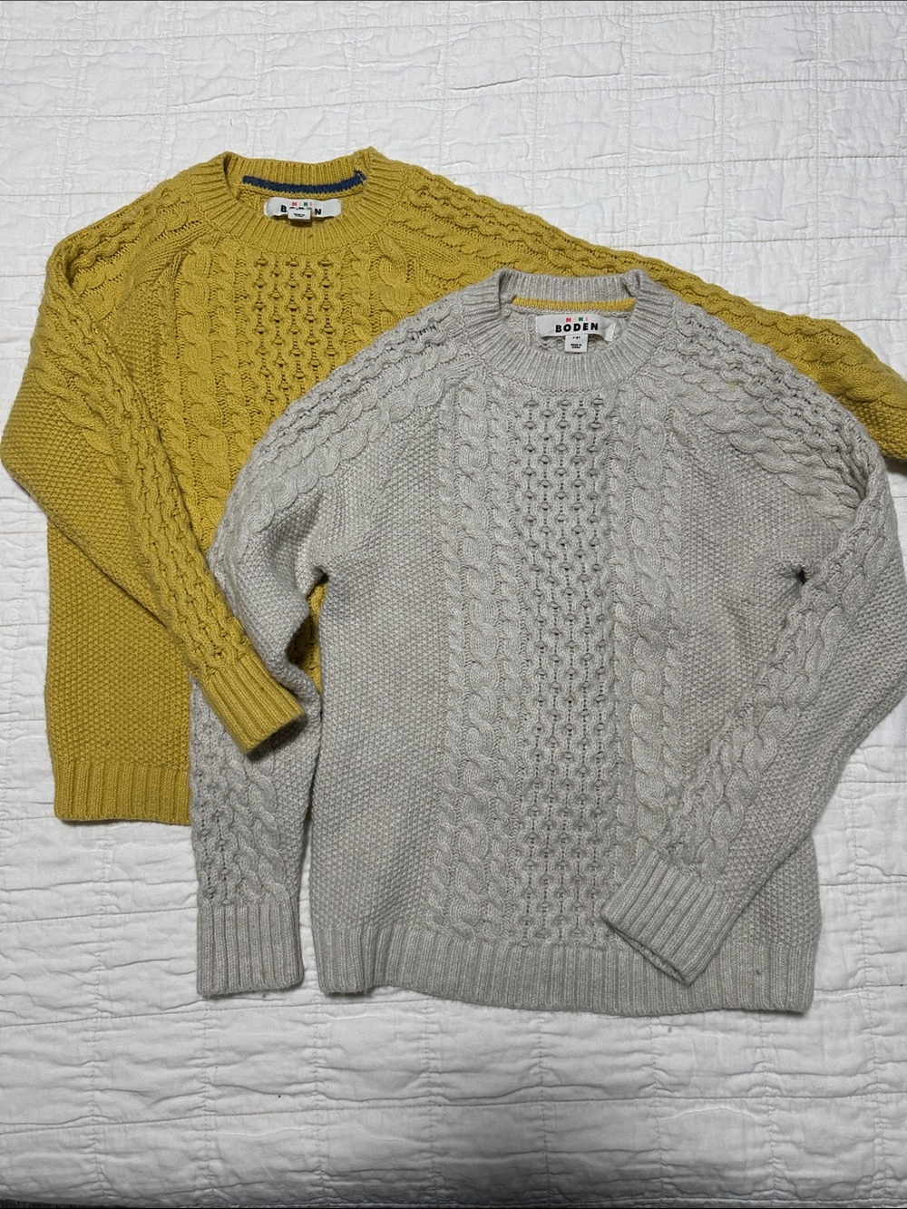 Children’s Mini Boden Crewneck Cable Sweaters in Mustard and Light Gray